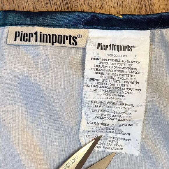 Pier 1 Imports Teal Blue Peacock Feather Curtain Panel Embroidered Lined 54x84 - Picture 3 of 8